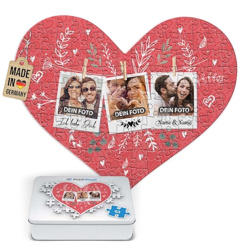 Foto-Puzzle selbst gestalten - Ich Liebe Dich - mit 3 Fotos & Namen Bedrucken - Herz-Puzzle Personalisieren - Geschenk zu Valentinstag, Jahrestag - 63 Teile inkl. Metalldose von PR Print Royal