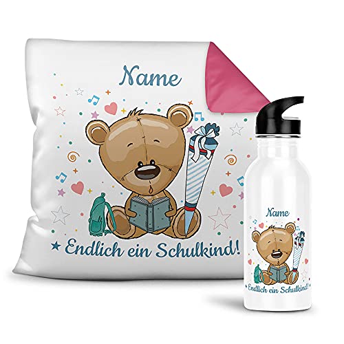 Geschenk-Set aus Trinkflasche und Kissen - Endlich ein Schulkind - Zur Einschulung für Jungs - mit Wunschname personalisieren - Einschulungsgeschenk - Kissen Rückseite Pink - Trinkflasche weiß, 600 ml Geschenk-Set aus Trinkflasche und Kissen - Endlich ein Schulkind - Zur Einschulung für Jungs - mit Wunschname personalisieren - Einschulungsgeschenk - Kissen Rückseite Pink - Trinkflasche weiß, 600 ml von PR Print Royal