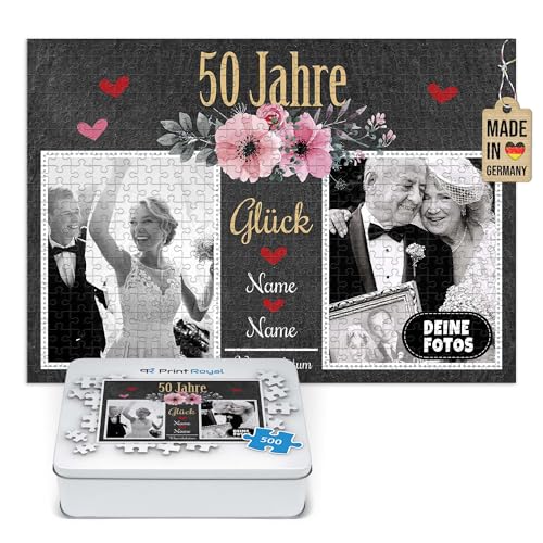 Foto-Puzzle selbst gestalten - 50 Jahre Glück - mit Namen, Datum und 2 Fotos personalisierbar, Geschenk zur goldenen Hochzeit | personalisiertes Geschenk, 500 Teile, inkl. Metalldose von PR Print Royal