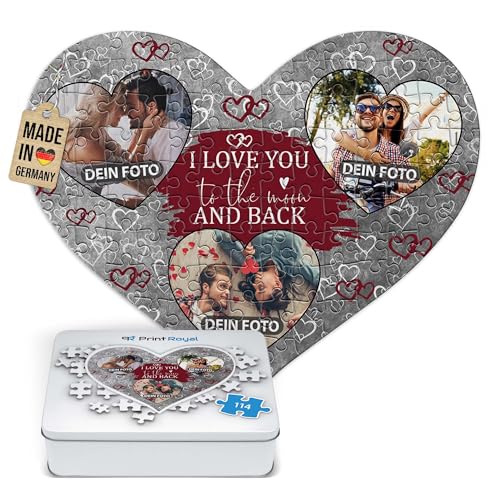 PR Print Royal Foto-Puzzle selbst gestalten - I Love You - mit 3 Fotos Bedrucken - Herz-Puzzle Personalisieren - Geschenk zu Valentinstag, Jahrestag - 114 Teile inkl. Metalldose von PR Print Royal