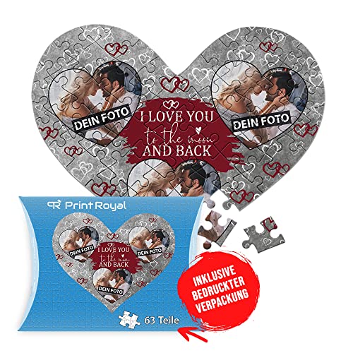 PR Print Royal Foto-Puzzle selbst gestalten - I Love You - mit 3 Fotos Bedrucken - Herz-Puzzle Personalisieren - Geschenk zu Valentinstag, Jahrestag - 63 Teile inkl. Kartonverpackung von PR Print Royal
