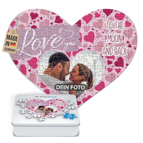 PR Print Royal Foto-Puzzle selbst gestalten - Love You - mit einem Foto Bedrucken - Herz-Puzzle Personalisieren - Geschenk zu Valentinstag, Jahrestag - 114 Teile inkl. Metalldose von PR Print Royal