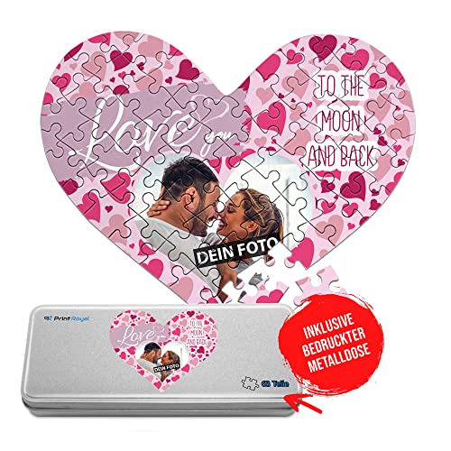 PR Print Royal Foto-Puzzle selbst gestalten - Love You - mit einem Foto Bedrucken - Herz-Puzzle Personalisieren - Geschenk zu Valentinstag, Jahrestag - 63 Teile inkl. Metalldose von PR Print Royal