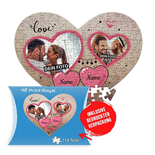 Foto-Puzzle selbst gestalten - Love - mit 2 Fotos, Namen & Datum Bedrucken - Herz-Puzzle Personalisieren - Geschenk zu Valentinstag, Jahrestag - 114 Teile inkl. Kartonverpackung von PR Print Royal