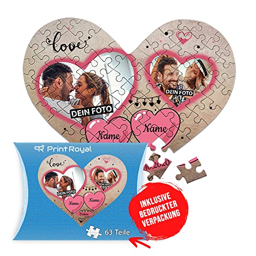 Foto-Puzzle selbst gestalten - Love - mit 2 Fotos, Namen & Datum Bedrucken - Herz-Puzzle Personalisieren - Geschenk zu Valentinstag, Jahrestag - 63 Teile inkl. Kartonverpackung von PR Print Royal
