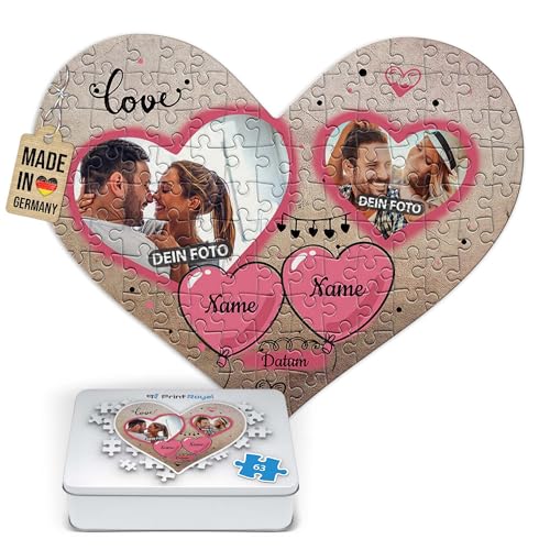 Foto-Puzzle selbst gestalten - Love - mit 2 Fotos, Namen & Datum Bedrucken - Herz-Puzzle Personalisieren - Geschenk zu Valentinstag, Jahrestag - 63 Teile inkl. Metalldose von PR Print Royal