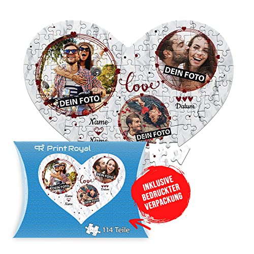 Foto-Puzzle selbst gestalten - Love - mit 3 Fotos, Namen & Datum Bedrucken - Herz-Puzzle Personalisieren - Geschenk zu Valentinstag, Jahrestag - 114 Teile inkl. Kartonverpackung von PR Print Royal
