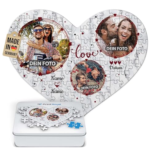 PR Print Royal Foto-Puzzle selbst gestalten - Love - mit 3 Fotos, Namen & Datum Bedrucken - Herz-Puzzle Personalisieren - Geschenk zu Valentinstag, Jahrestag - 114 Teile inkl. Metalldose von PR Print Royal