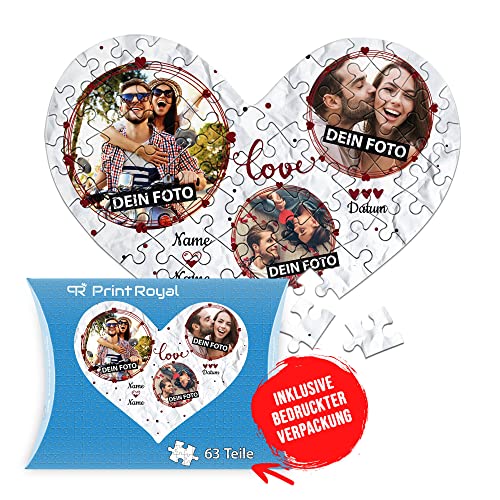Foto-Puzzle selbst gestalten - Love - mit 3 Fotos, Namen & Datum Bedrucken - Herz-Puzzle Personalisieren - Geschenk zu Valentinstag, Jahrestag - 63 Teile inkl. Kartonverpackung von PR Print Royal