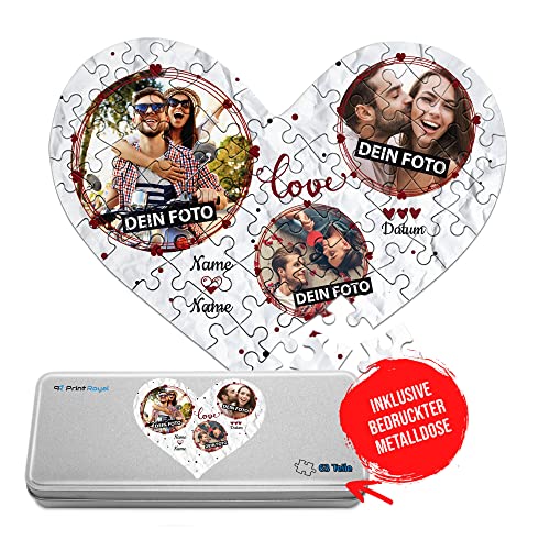 Foto-Puzzle selbst gestalten - Love - mit 3 Fotos, Namen & Datum Bedrucken - Herz-Puzzle Personalisieren - Geschenk zu Valentinstag, Jahrestag - 63 Teile inkl. Metalldose von PR Print Royal