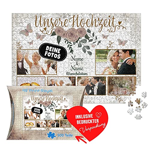 PR Print Royal Foto-Puzzle selbst gestalten - Unsere Hochzeit - mit Namen, Datum und 6 Fotos personalisierbar, Hochzeitsgeschenke | personalisiertes Geschenk, 500 Teile, inkl. Kartonverpackung von PR Print Royal