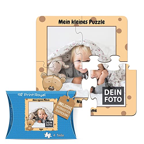 PR Print Royal Fotopuzzle aus Holz für Kinder mit Name und Foto Puzzle selbst gestalten - Mein kleines Puzzle mit Bär, Kinderpuzzle | 19 x 19 cm, 4 Teile in Kartonverpackung von PR Print Royal