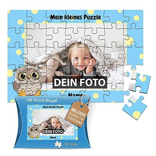 PR Print Royal Fotopuzzle für Kinder mit Name und Foto Puzzle selbst gestalten - Mein kleines Puzzle mit Eule, Kinderpuzzle | 28 x 19 cm, 35 Teile in Kartonverpackung von PR Print Royal