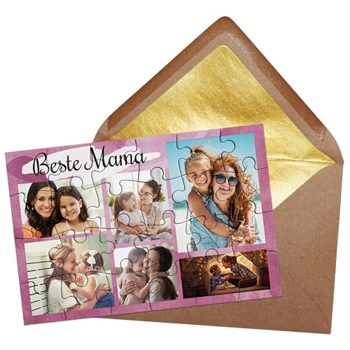 PR Print Royal Puzzle selbst gestalten - Beste Mama mit 6 Fotos - Foto-Collage - Geschenk für Mama zum Geburtstag und Muttertag | Fotopuzzle 24 Teile inkl. Briefumschlag mit Gold-Inlay von PR Print Royal