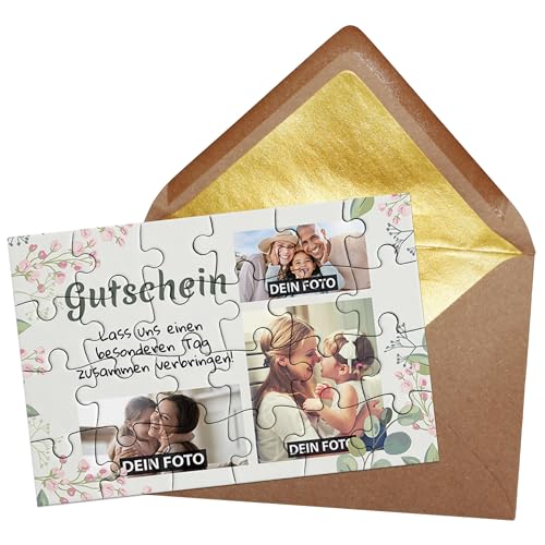 PR Print Royal Puzzle selbst gestalten - Gutschein mit Text und Foto-Collage für 3 Fotos - Fotogeschenk, Geburtstag, Muttertag, Valentinstag | Fotopuzzle 24 Teile inkl. Briefumschlag mit Gold-Inlay von PR Print Royal