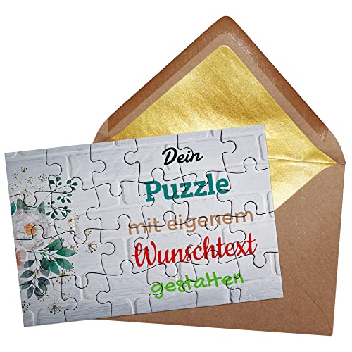 Puzzle selbst gestalten mit Text - 24 Teile Puzzle Personalisieren mit Wunschtext, inkl. Briefumschlag mit Gold-Inlay | Hintergrund Backsteinwand mit Blumen von PR Print Royal