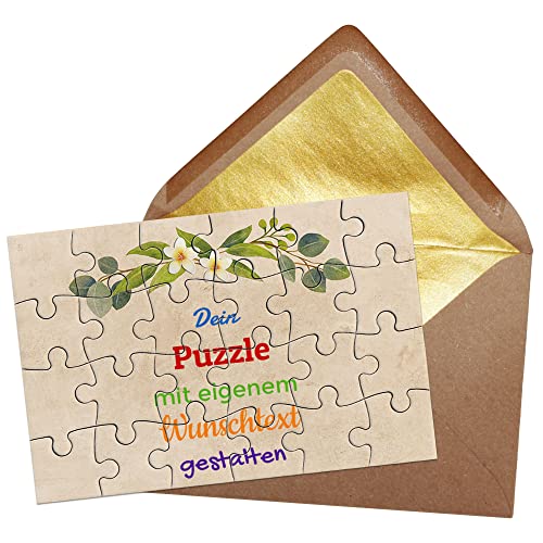 Puzzle selbst gestalten mit Text - 24 Teile Puzzle Personalisieren mit Wunschtext, inkl. Briefumschlag mit Gold-Inlay | Hintergrund Beige mit Blumenkranz von PR Print Royal