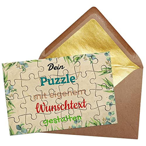 Puzzle selbst gestalten mit Text - 24 Teile Puzzle Personalisieren mit Wunschtext, inkl. Briefumschlag mit Gold-Inlay | Hintergrund Beige mit Pflanzen von PR Print Royal