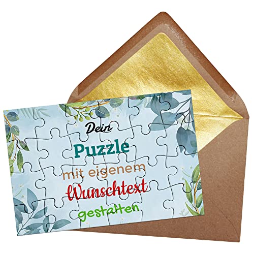 Puzzle selbst gestalten mit Text - 24 Teile Puzzle Personalisieren mit Wunschtext, inkl. Briefumschlag mit Gold-Inlay | Hintergrund Blau mit Pflanzen von PR Print Royal