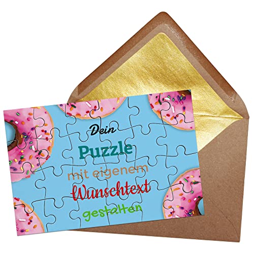 Puzzle selbst gestalten mit Text - 24 Teile Puzzle Personalisieren mit Wunschtext, inkl. Briefumschlag mit Gold-Inlay | Hintergrund Donuts von PR Print Royal