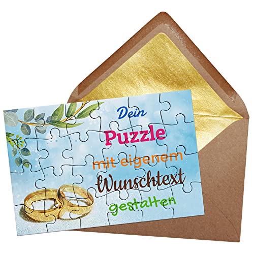 Puzzle selbst gestalten mit Text - 24 Teile Puzzle Personalisieren mit Wunschtext, inkl. Briefumschlag mit Gold-Inlay | Hintergrund Eheringe von PR Print Royal