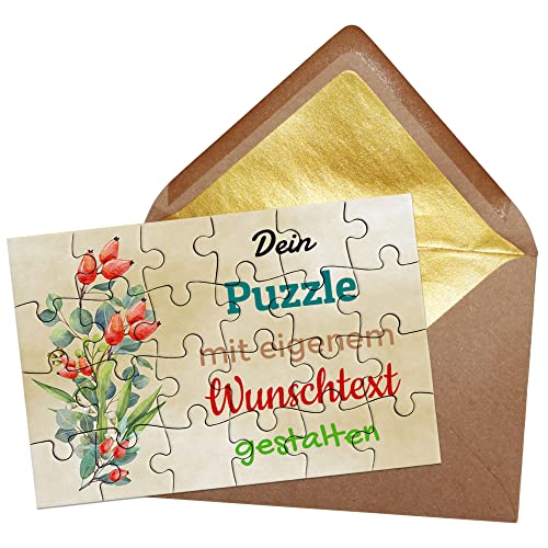 Puzzle selbst gestalten mit Text - 24 Teile Puzzle Personalisieren mit Wunschtext, inkl. Briefumschlag mit Gold-Inlay | Hintergrund Hagebutte von PR Print Royal