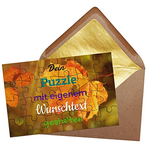 Puzzle selbst gestalten mit Text - 24 Teile Puzzle Personalisieren mit Wunschtext, inkl. Briefumschlag mit Gold-Inlay | Hintergrund Herbst von PR Print Royal