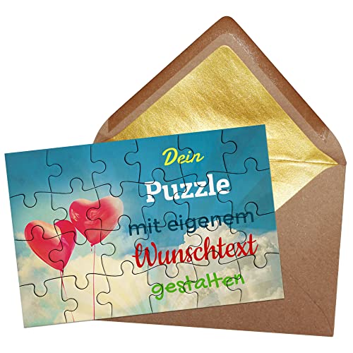 Puzzle selbst gestalten mit Text - 24 Teile Puzzle Personalisieren mit Wunschtext, inkl. Briefumschlag mit Gold-Inlay | Hintergrund Herz Luftballons von PR Print Royal