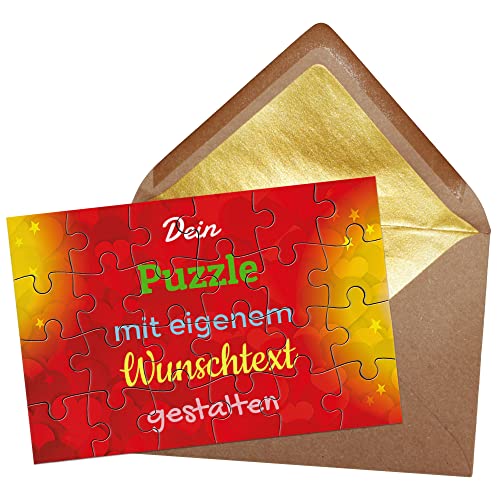 Puzzle selbst gestalten mit Text - 24 Teile Puzzle Personalisieren mit Wunschtext, inkl. Briefumschlag mit Gold-Inlay | Hintergrund Herzen von PR Print Royal