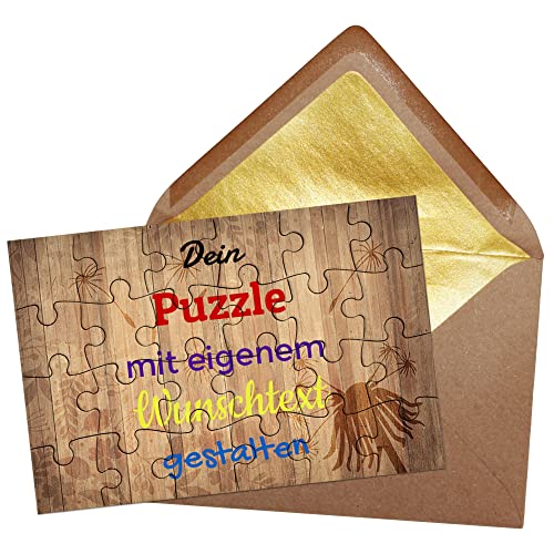 PR Print Royal Puzzle selbst gestalten mit Text - 24 Teile Puzzle Personalisieren mit Wunschtext, inkl. Briefumschlag mit Gold-Inlay | Hintergrund Holz mit Pusteblume von PR Print Royal