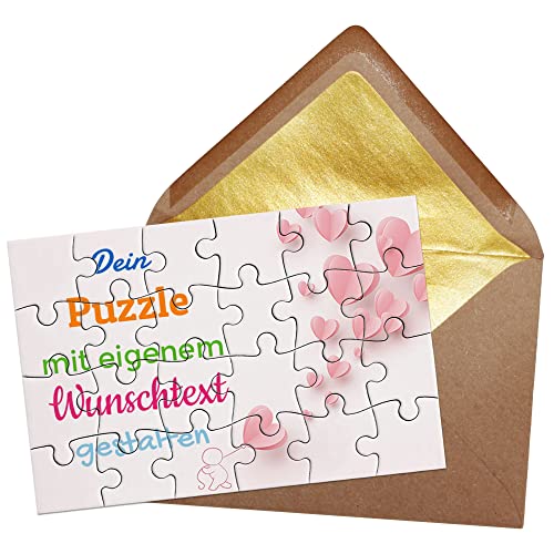 Puzzle selbst gestalten mit Text - 24 Teile Puzzle Personalisieren mit Wunschtext, inkl. Briefumschlag mit Gold-Inlay | Hintergrund Liebe rosa Herzen von PR Print Royal