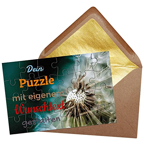 Puzzle selbst gestalten mit Text - 24 Teile Puzzle Personalisieren mit Wunschtext, inkl. Briefumschlag mit Gold-Inlay | Hintergrund Pusteblume von PR Print Royal