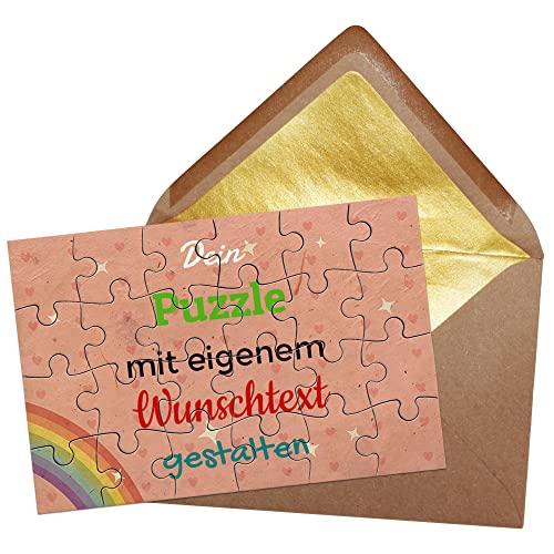 Puzzle selbst gestalten mit Text - 24 Teile Puzzle Personalisieren mit Wunschtext, inkl. Briefumschlag mit Gold-Inlay | Hintergrund Regenbogen mit Herzchen von PR Print Royal