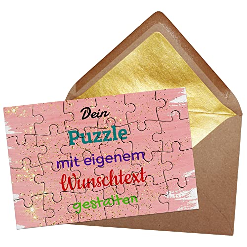 Puzzle selbst gestalten mit Text - 24 Teile Puzzle Personalisieren mit Wunschtext, inkl. Briefumschlag mit Gold-Inlay | Hintergrund Rosa mit goldenem Glitzer von PR Print Royal