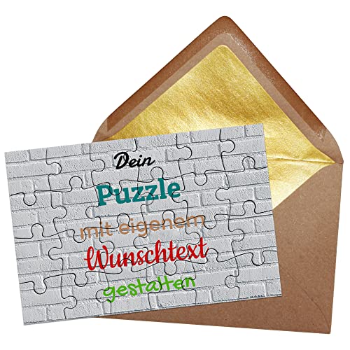 Puzzle selbst gestalten mit Text - 24 Teile Puzzle Personalisieren mit Wunschtext, inkl. Briefumschlag mit Gold-Inlay | Hintergrund Weißer Backstein von PR Print Royal