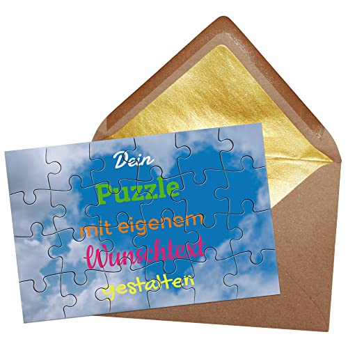 Puzzle selbst gestalten mit Text - 24 Teile Puzzle Personalisieren mit Wunschtext, inkl. Briefumschlag mit Gold-Inlay | Hintergrund Wolken Herz von PR Print Royal