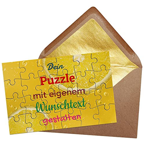 Puzzle selbst gestalten mit Text - 24 Teile Puzzle Personalisieren mit Wunschtext, inkl. Briefumschlag mit Gold-Inlay | Hintergrund Zitronen von PR Print Royal