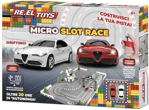 Micro Slot - Autobahn im Maßstab 1:87 mit 2 Alfa Giulia Kleeblatt mit Lichtern und Turbofunktion und 2 Controllern - mit Zubehör zum Zusammenbauen von PRESTIGE & DELUXE
