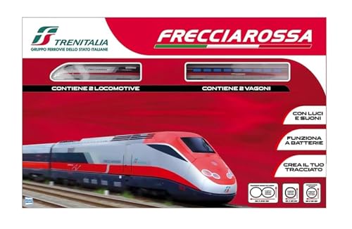 Trenitalia Frecciarossa 500 Maßstab 1:43 mit Licht und Sound - Spielzeugzug 2 Lokomotiven 2 Waggons und 3 Schienen - Batteriebetrieben + Schlüsselanhänger von PRESTIGE & DELUXE