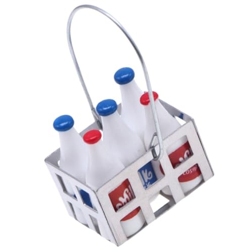 PRETYZOOM 1 Satz Miniatur-Milchflasche Mit Korb Mini-Milchkiste Aus Metall Winziges Getränkeflaschenmodell Miniatur-Aufbewahrungsbox Puppenhaus-Möbelset Für Mikroszenen von PRETYZOOM