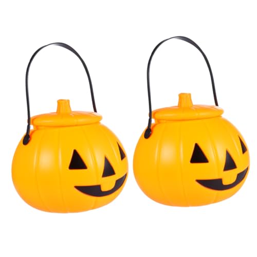 PRETYZOOM 2 Stück Halloween bedeckte Kürbis-Eimer-Süßigkeits-Eimer-tragbare Kürbis-Laterne Party Halloween Dekoration Halloween-Kürbiseimer mit Deckel Halter für Halloween-Leckereien von PRETYZOOM