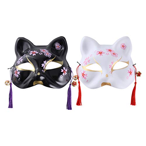 PRETYZOOM 2Pcs Halloween Tier Cosplay Kabuki Katze Masken Japanische Fuchs Maske Maskerade Maske für Tanzperformance Make-Up Prop Ball Party Gefälligkeiten (Schwarz Weiß) von PRETYZOOM