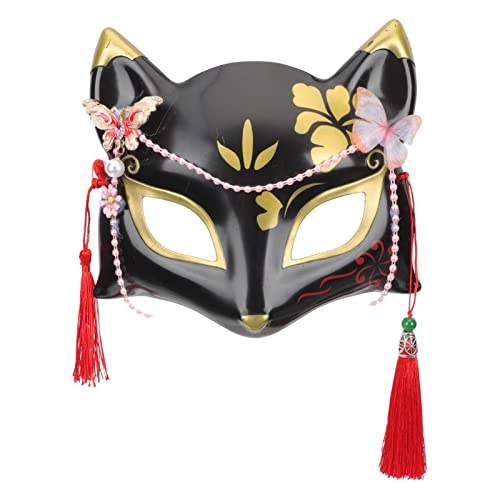 PRETYZOOM Halloween- Masken Halloween- Fuchsmasken - Katzenmasken Japanische Kimono- Masken Halbe - Masken mit Quaste Halloween- Cosplay- Requisiten für ?nner Schwarz Cosplay von PRETYZOOM