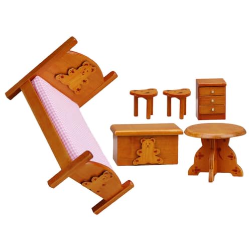 PRETYZOOM Puppenhaus-Schlafzimmermöbel Mini-Holzhocker Modell Niedliches Bett Nachttisch Schreibtisch Im Maßstab 1:12 Für Miniatur-Puppenhaus-Zubehör Winzige Hausdekorationen von PRETYZOOM