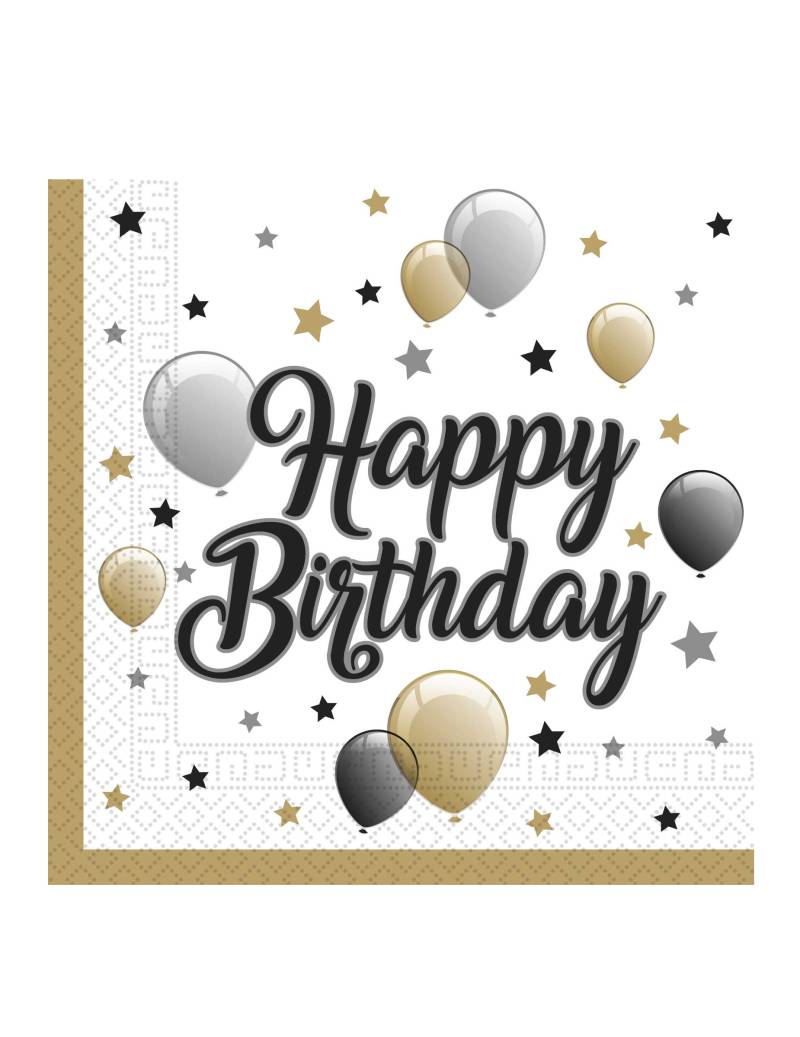 Happy Birthday Geburtstagsservietten aus Papier 20 Stück schwarz-silberfarben-gold 33 x 33 cm von KARNEVAL-MEGASTORE