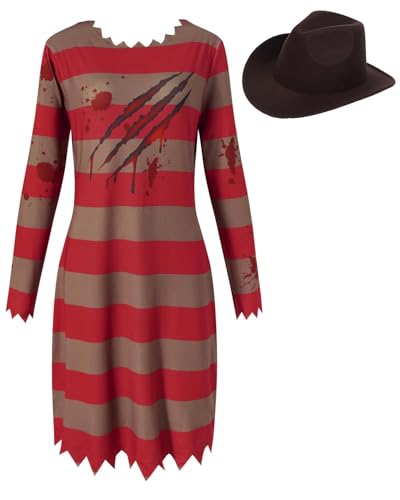 PROMOTED TO BIG SISTER Albtraum-Killer-Kostüm für Damen, gruseliges Halloween-Kostüm mit Hut (Medium) von PROMOTED TO BIG SISTER