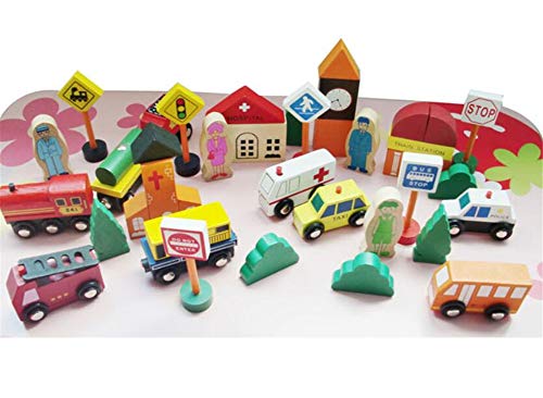 PROW® Städtischen Verkehr Transport Holz Bausteine Lernspielzeug Massivholz Sichere Straßenschilder Spielset für Kinder Große Geburtstagsgeschenk Idee (32 Stücke) von PROW