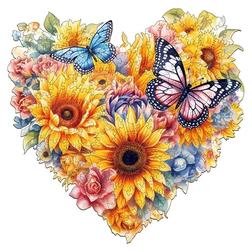 PRSTENLY Holzpuzzle für Erwachsene, Sonnenblumen und Schmetterlinge Einzigartige Holzpuzzle für Erwachsene, Holzpuzzle für Weihnachten mit Hölzerner Geschenkbox 270 Stücke 34 * 33.7cm von PRSTENLY