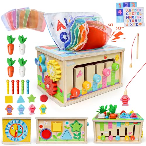 PRZRAO Tücherbox Baby Spielzeug, Tücherbox Baby Holzspielzeug, Motorikwürfel Tissue Box Montessori Spielzeug Kinder, 8-in-1 Tücherbox mit Knistertuch, Holzspielzeug Motorikspielzeug für Kinder PRZRAO Tücherbox Baby Spielzeug, Tücherbox Baby Holzspielzeug, Motorikwürfel Tissue Box Montessori Spielzeug Kinder, 8-in-1 Tücherbox mit Knistertuch, Holzspielzeug Motorikspielzeug für Kinder von PRZRAO
