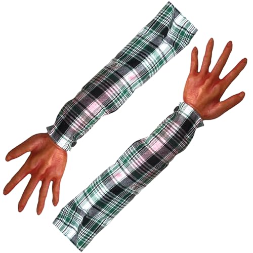 2pcs Halloween -Hände, 22 Zoll abgetrennten falschen Arm mit Karierte Stoffhülle, weiche realistische Halloween -Körperteile, beängstigende Requisiten für Spukhaus, Kostümparty -Dekor, Style 2 F. von PSFDEWT